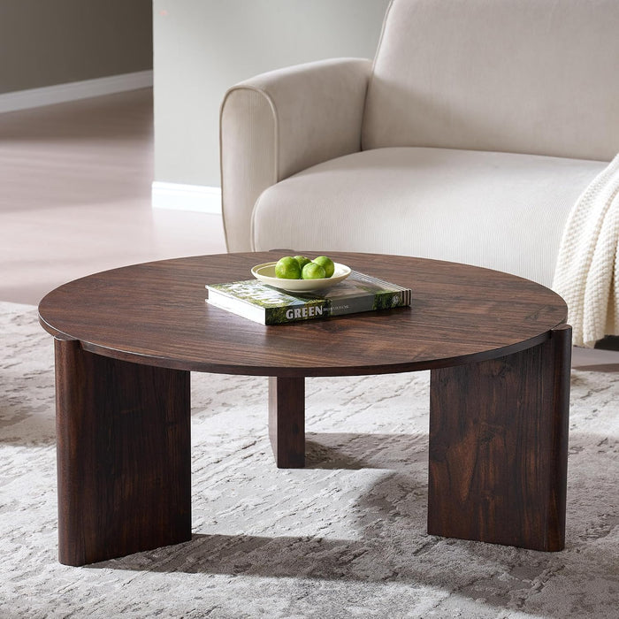33.5" Wood Round Coffee Table, Small Modern Circle Coffee Table, Brown