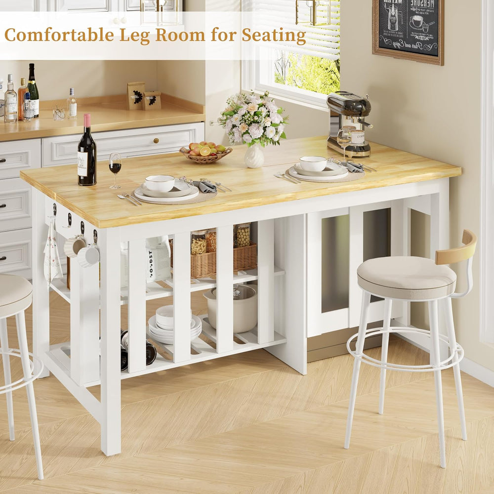 DynJest 60" Kitchen Island with Storage and Seating, Drawers, Hooks, Whi...