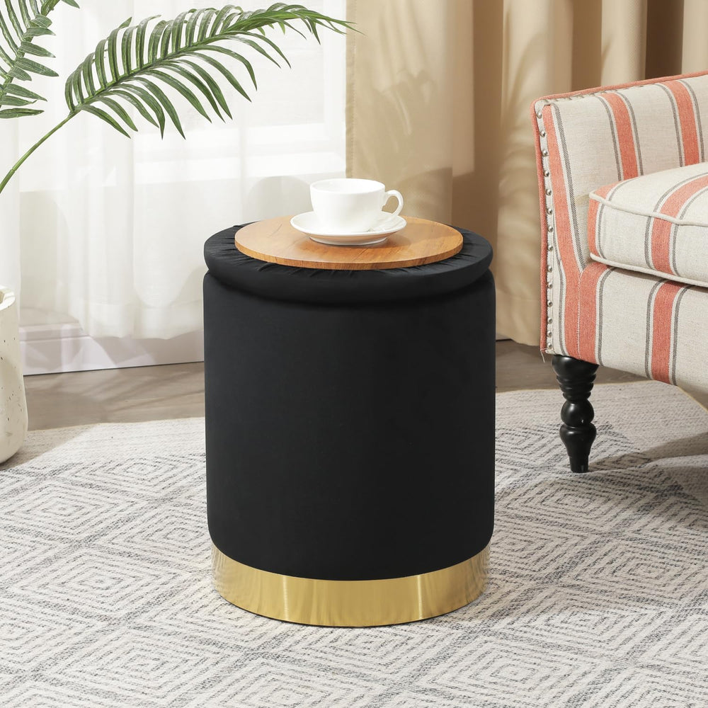 Joveco Round Velvet Storage Ottoman with Reversible Lid Tray & Gold Metal...
