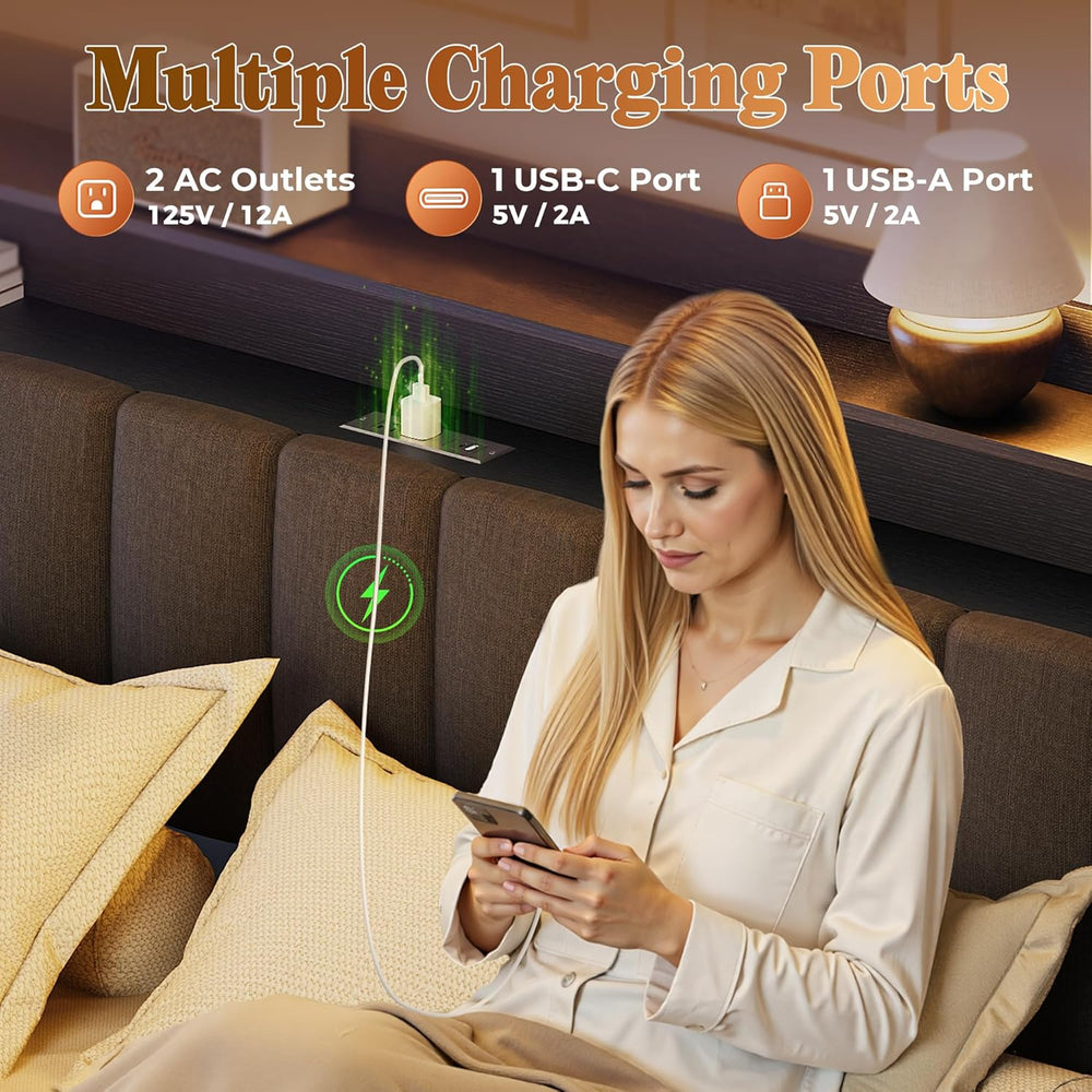 Bed Frame King Size with Upholstered Headboard & Charging Station, King B...