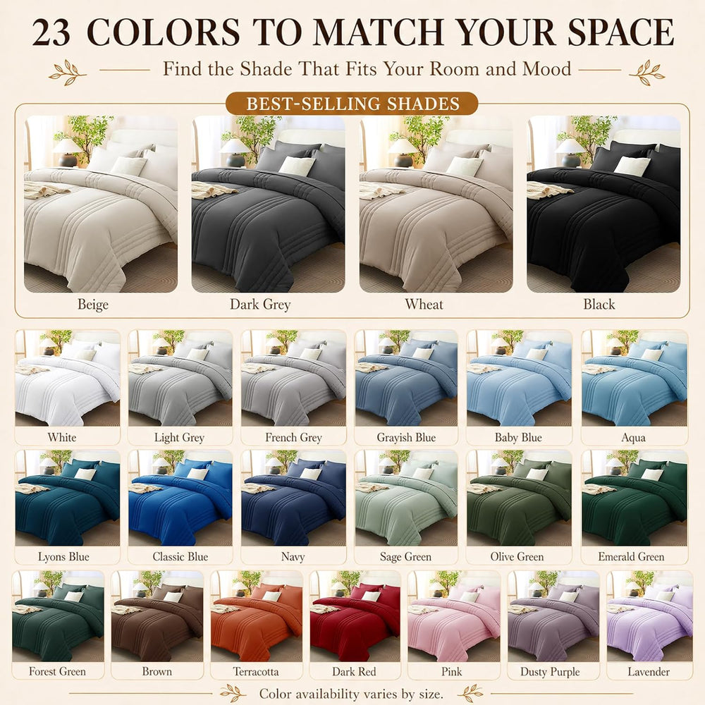 Queen Comforter Set Beige - 7 Pieces Vertical Quilted Bed in a Bag