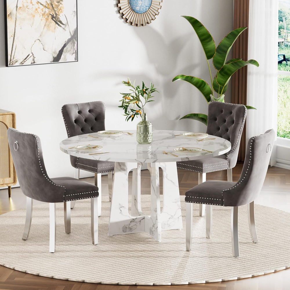 Round Modern Dining Table Set for 4, 47" Circle White Faux Marble Kitche...