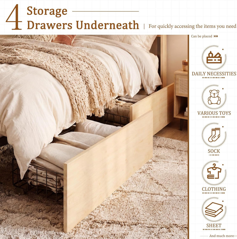 Brafab Natural Rattan King Bed Frame with Headboard, 4 Storage Drawers