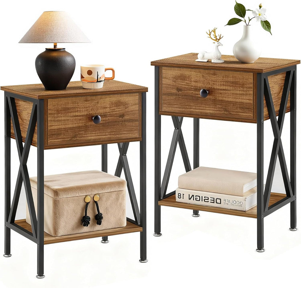 VECELO Night Stand Set of 2, End Tables with Drawer, 2-Tier Bedside Tables wi...