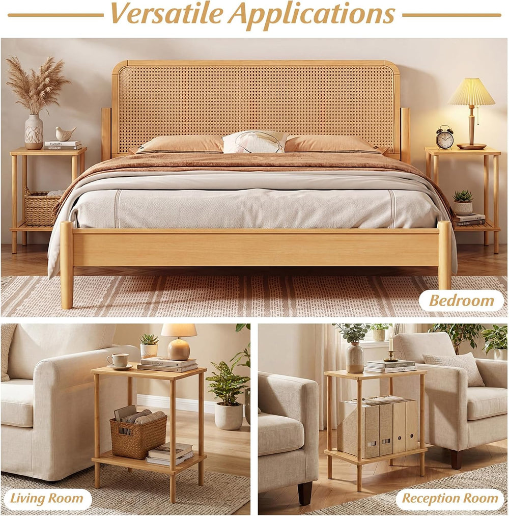Giantex Bamboo Side Table Set of 2, 2-Tier Sofa End Bedside Table w/Storage S...