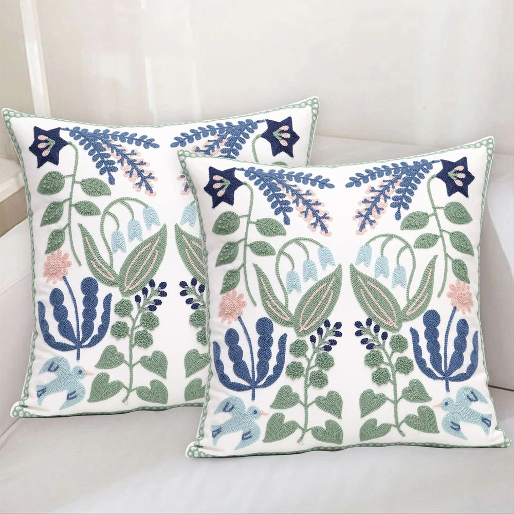 Pack of 2 Embroidered Decorative Throw Pillow Cover 18x18 Inch Farmhouse Flor...