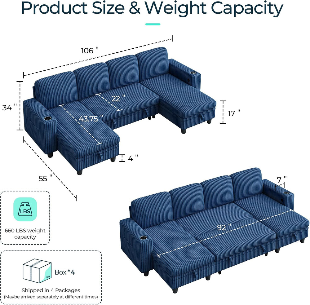 LINSY HOME Sectional Couches for Living Room, 106" U Shape 4 Seats, Blue...