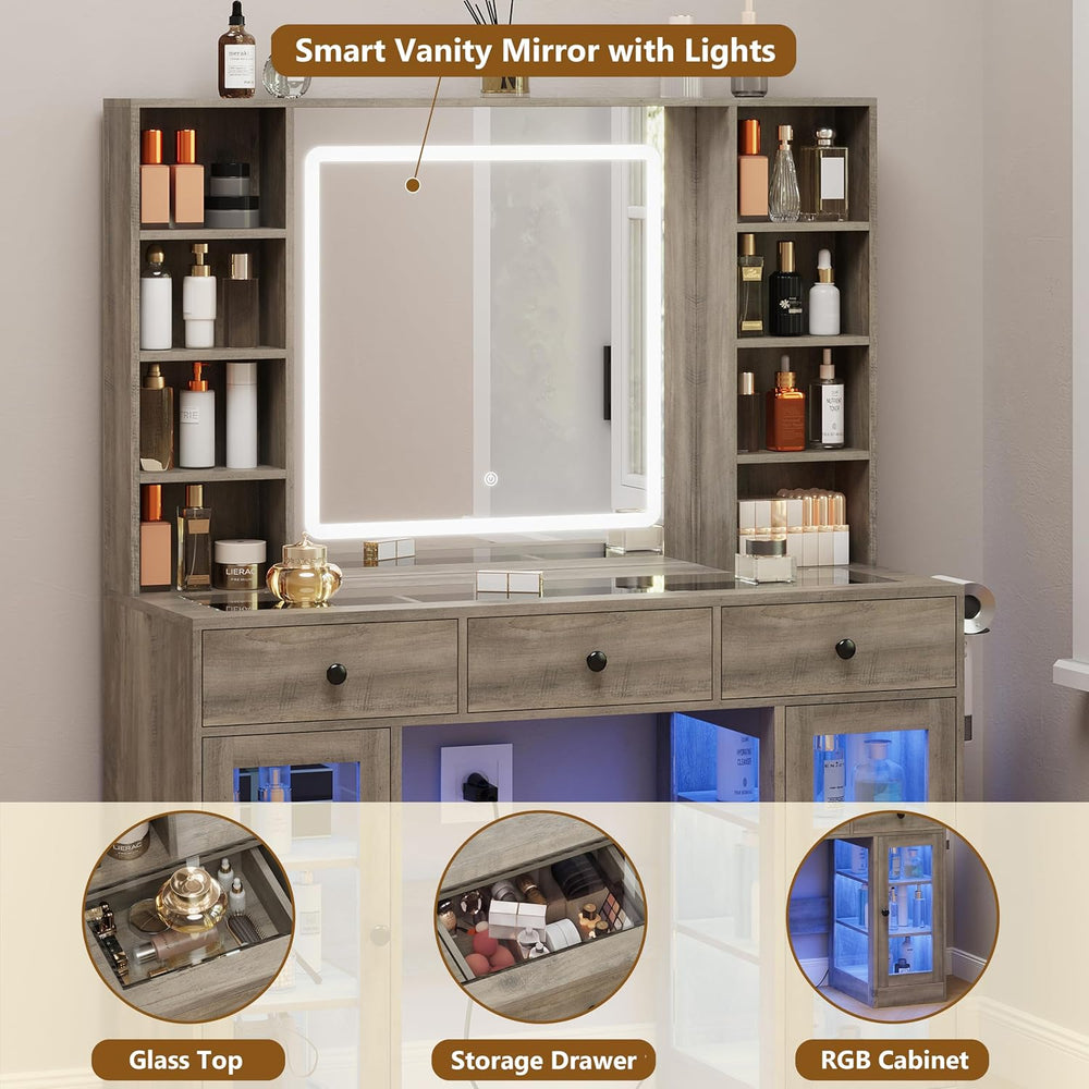 Grey Vanity Desk with Mirror and Lights, Glass Top Vanity with Lighted Mirror...