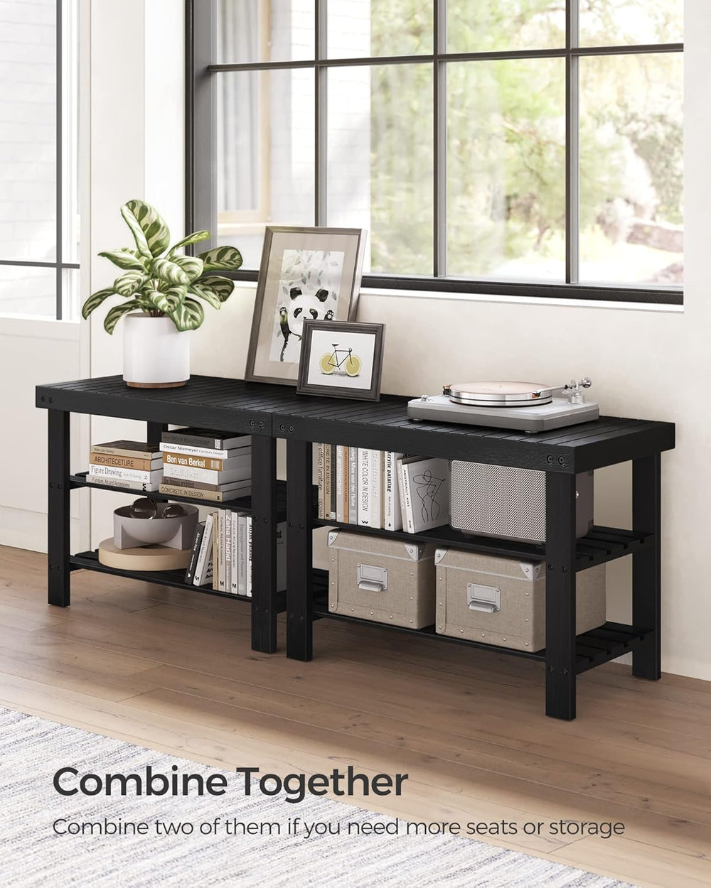 SONGMICS Shoe Rack Bench, 3-Tier Bamboo Shoe Storage Organizer, Entryway Benc...