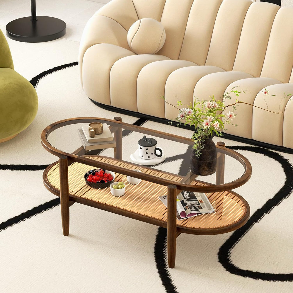 GIANTEX Rattan Coffee Table, 2-Tier Oval Acacia Wood Tea Table w/Tempered Gla...