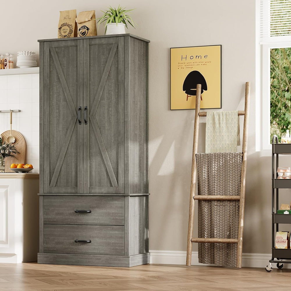 Takywep Freestanding Farmhouse Pantry Cabinet with Barn Doors, Adjustable She...