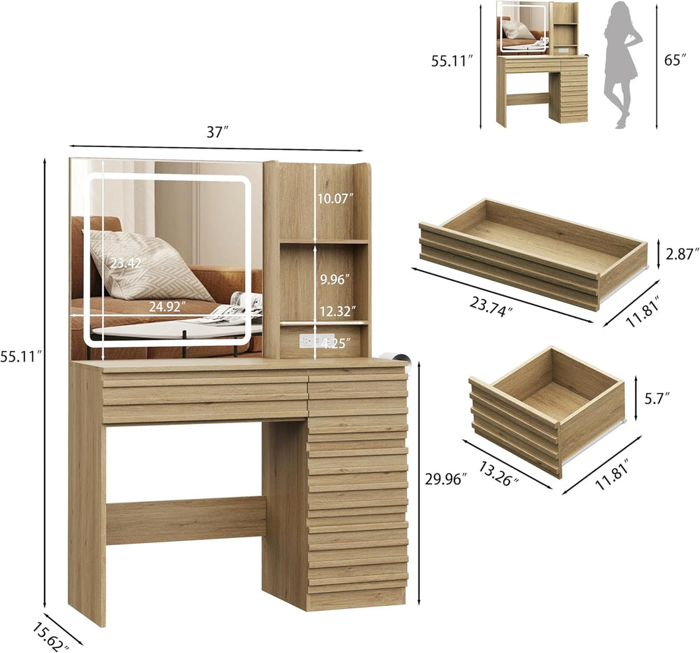 Vanity Desk with Lights, Fluted Vanity with 4 Drawers, Open Shelves, Power Ou...