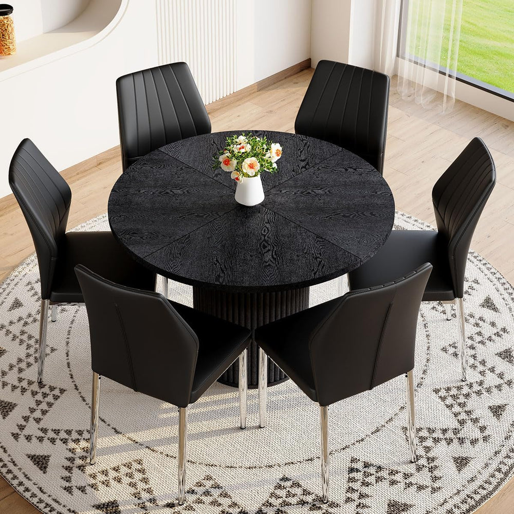 Round Dining Table Set for 6, Black Kitchen Table Set for 6 with 42''...