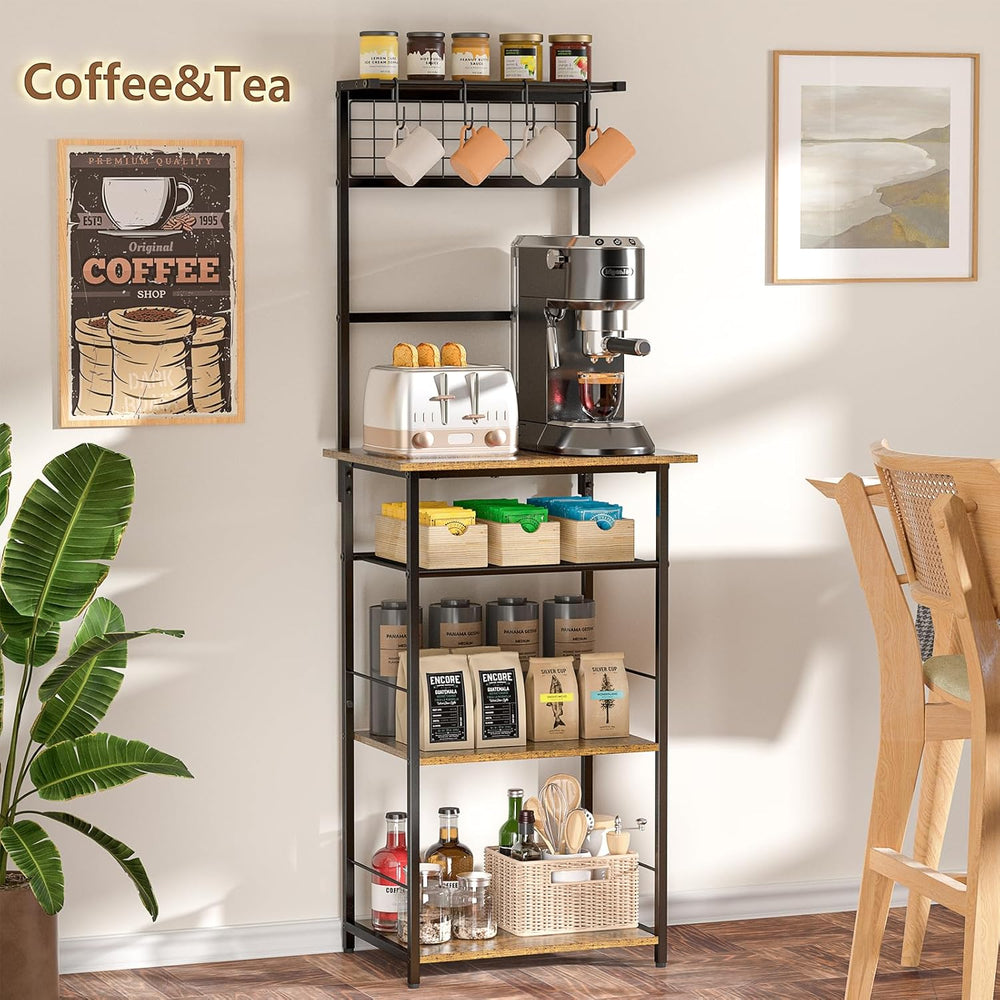 5 Tier Coffee Bar Station, Kitchen Stand with 4 S-Shaped Hooks, Farmhouse Cor...