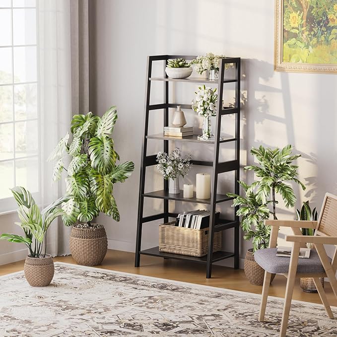 HITNET Ladder Shelf Black, 4-Tier Bookshelf, Freestanding Bathroom Storage Ra...