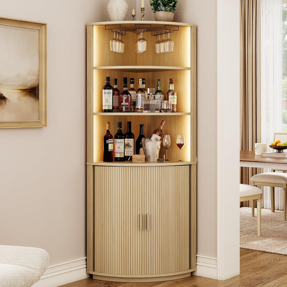 ONBRILL 72" Tall Corner Bar Cabinet with LED Light, Liquor Cabinets, Oak