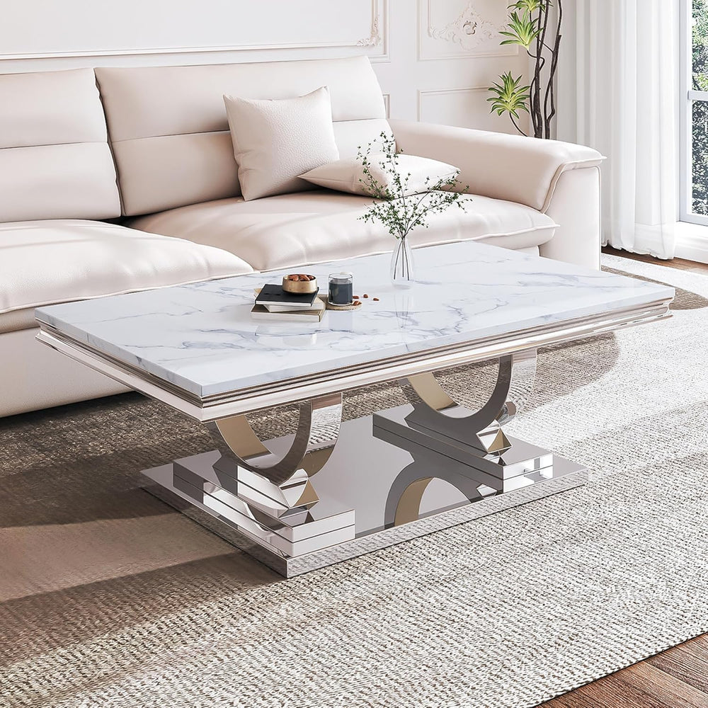 Marble Coffee Table Set of 3, Includes 1 Coffee Table with 2 Square End Side ...