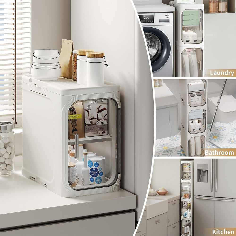 Narrow Slim Bathroom Storage Cabinet with Wheels, 4-Tier White | Tool Free As...