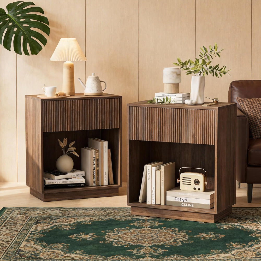 Fluted Nightstands Set of 2, Modern Bedside Table with Storage Drawer and Ope...