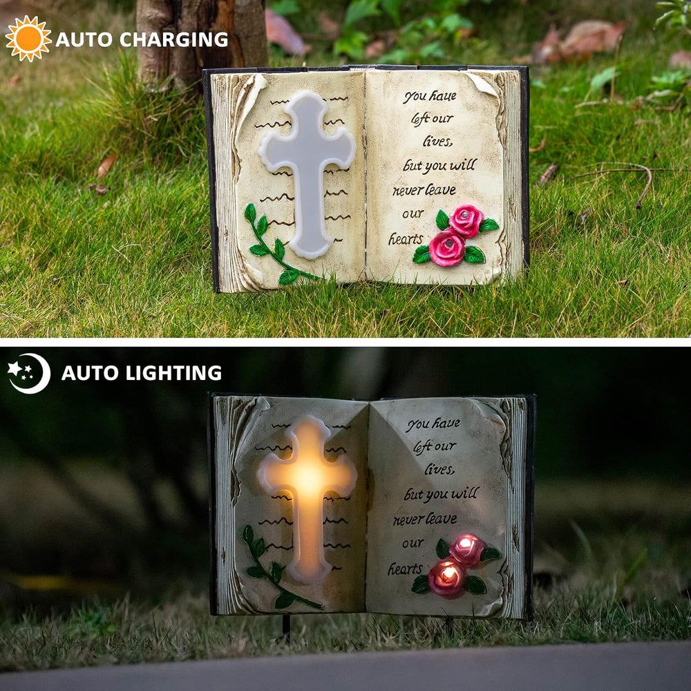 Candieslife Outdoor Solar Memorial Cross Stakes Lights, Waterproof Book Statu...
