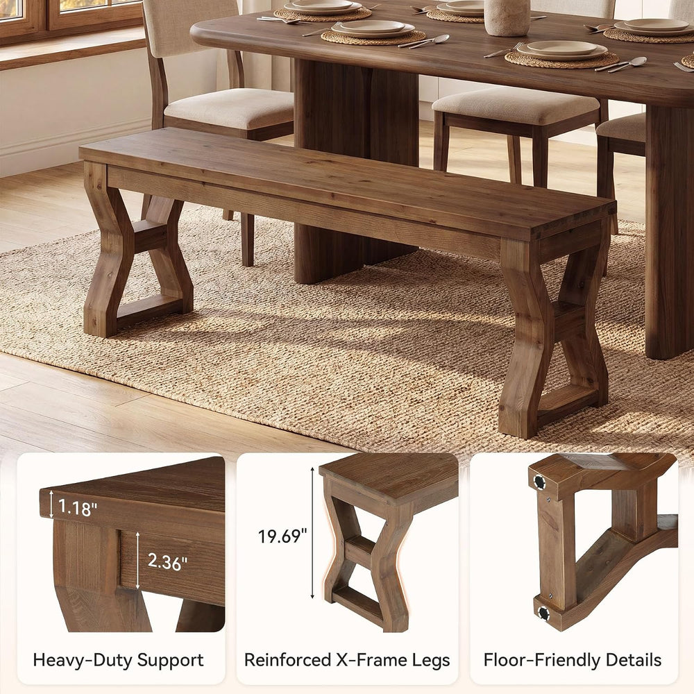 Set of 2 Solid Wood Dining Bench with Sturdy X-Cross Legs | 55" Farmhous...