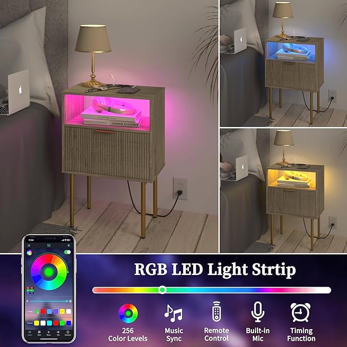 Modern Nightstand with Charging Station and LED Lights, White Bedside Table w...