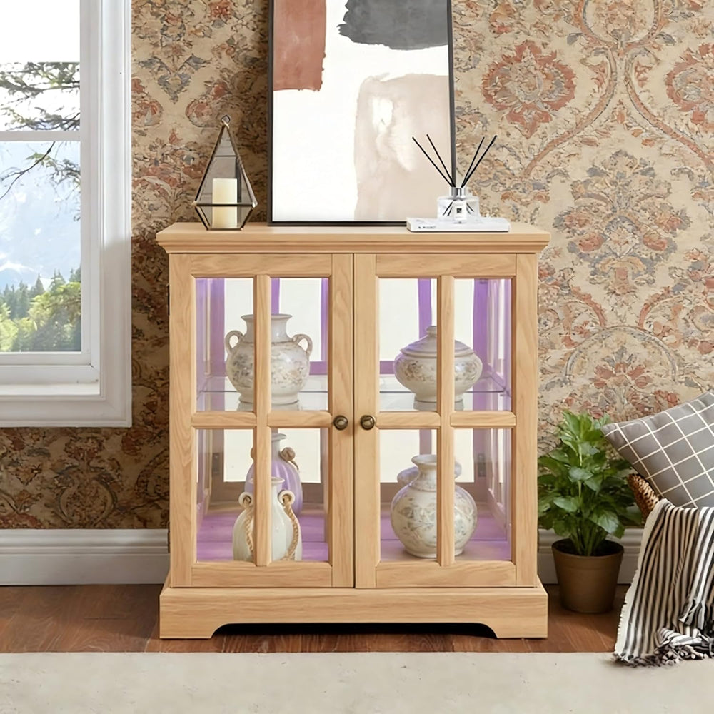 Small Curio Cabinet with Glass Doors and LED Lights, 30.32” W Black Wood Disp...