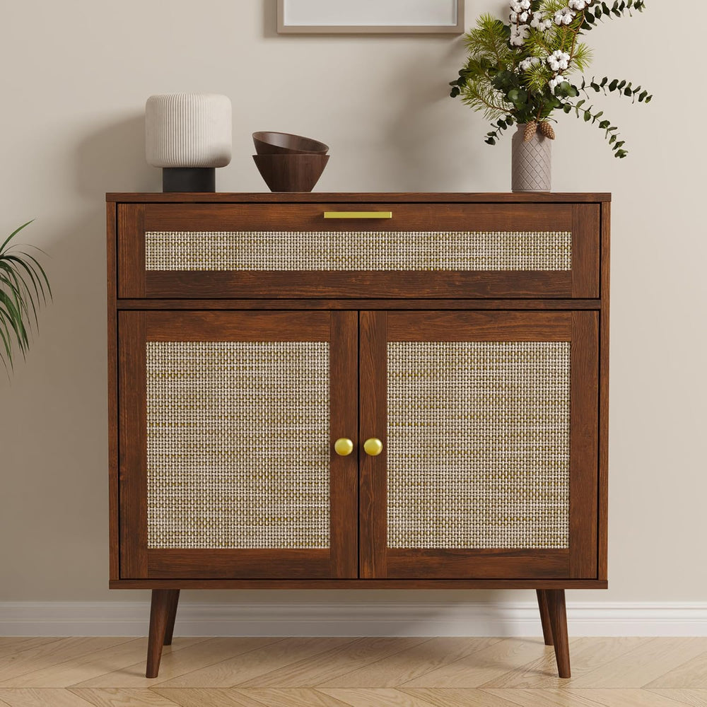 Furnify Rattan Sideboard Buffet, Boho Kitchen Cabinet with Drawer & 2 Doo...