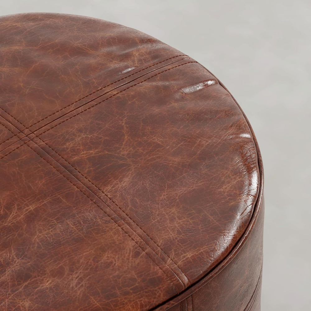 SIMPLIHOME Connor 18" Wide Genuine Leather Round Pouf in Weathered Camel...