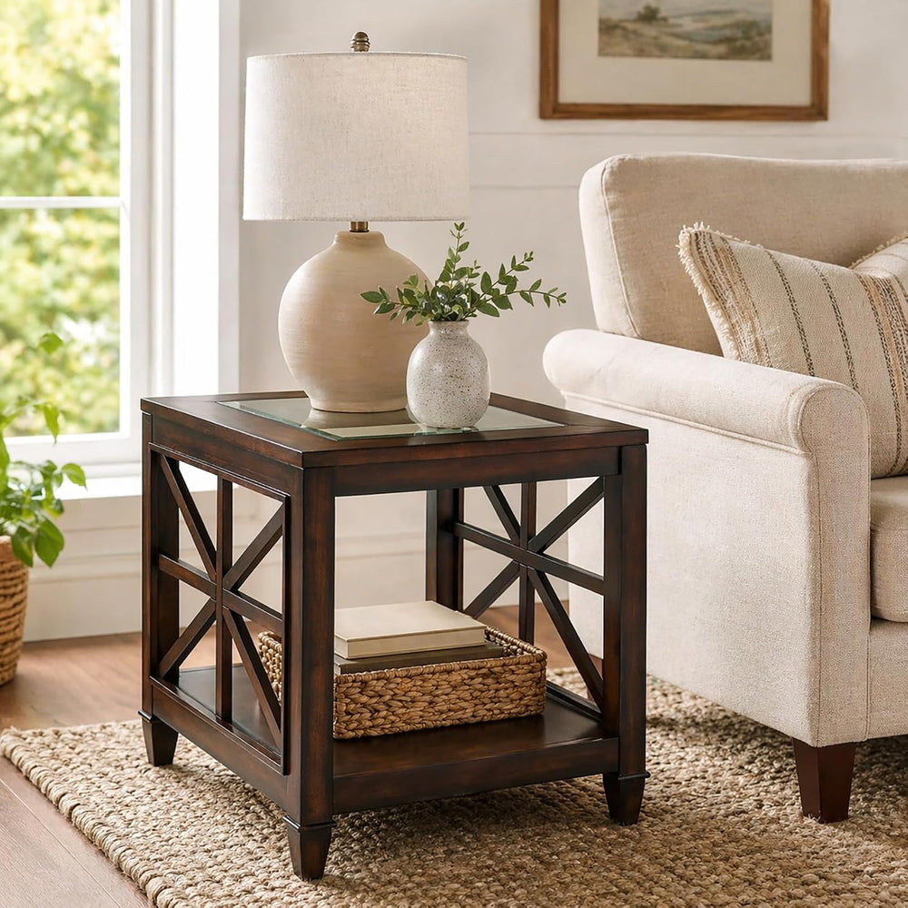 Set of 2 Solid Wood End Tables with Tempered Glass Top, 28" x 24" L...
