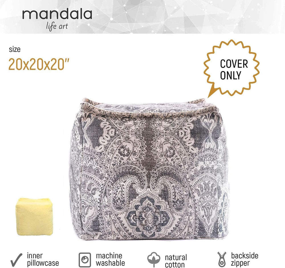 Mandala Life Art Pouf Ottoman - 20x20x20" - Foot Rest Stool - Gray Cube