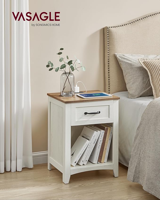 VASAGLE LIRY Collection - Farmhouse Nightstand with Charging Station, Bedside...