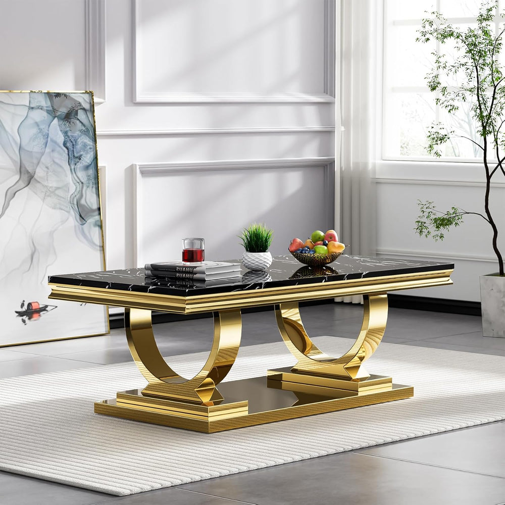3 Piece Marble Living Room Table Set Modern Black Faux Marble Coffee Table an...