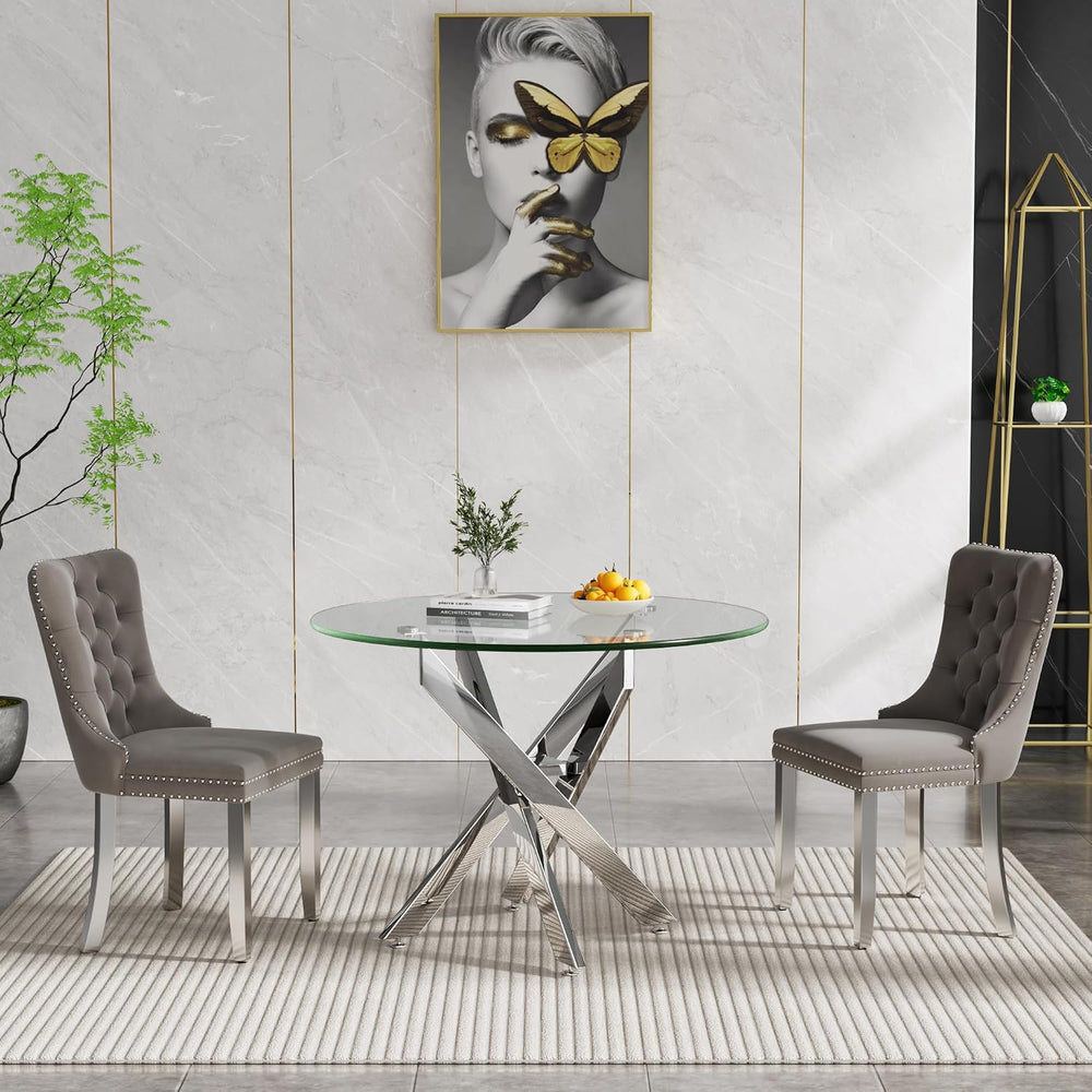 HomVent Silver Round Glass Dining Table Set for 2 with 2 Grey Velvet Chair | ...