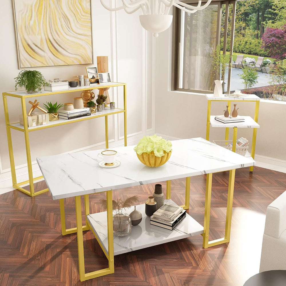 DKLGG Living Room Table Set of 3, Modern Faux Marble Square Coffee Table &...