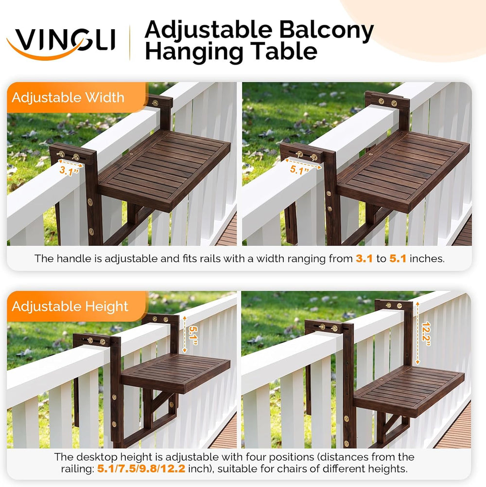 VINGLI 22in Acacia Wood Folding Balcony Hanging Table – Adjustable Height &am...