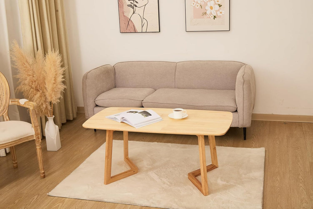 Mid-Century Modern Rectangular Coffee Table, Solid Wood Small Coffee Table wi...
