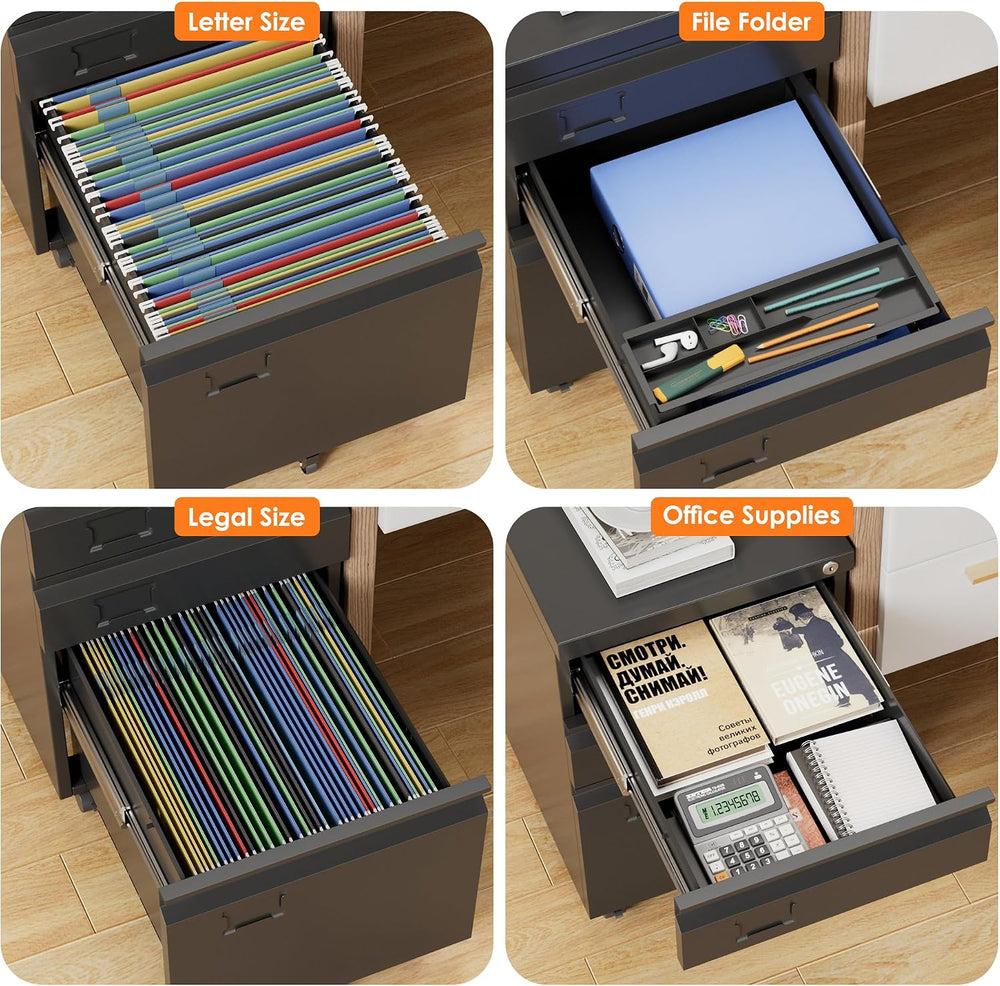 3 Drawer Metal File Cabinet with Wheels, Under Desk Rolling Filing Cabinet fo...