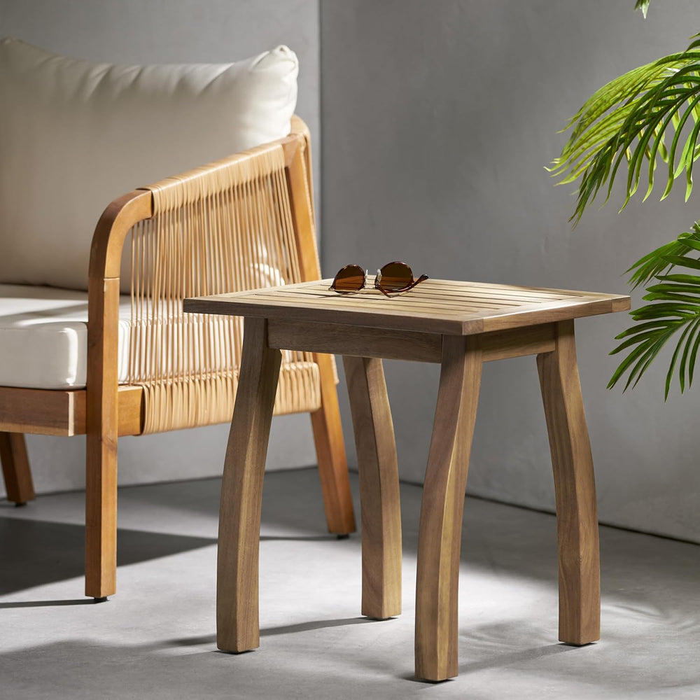 Outdoor Patio Side Table, Wood Accent End Table in Natural Stained, Weather-R...