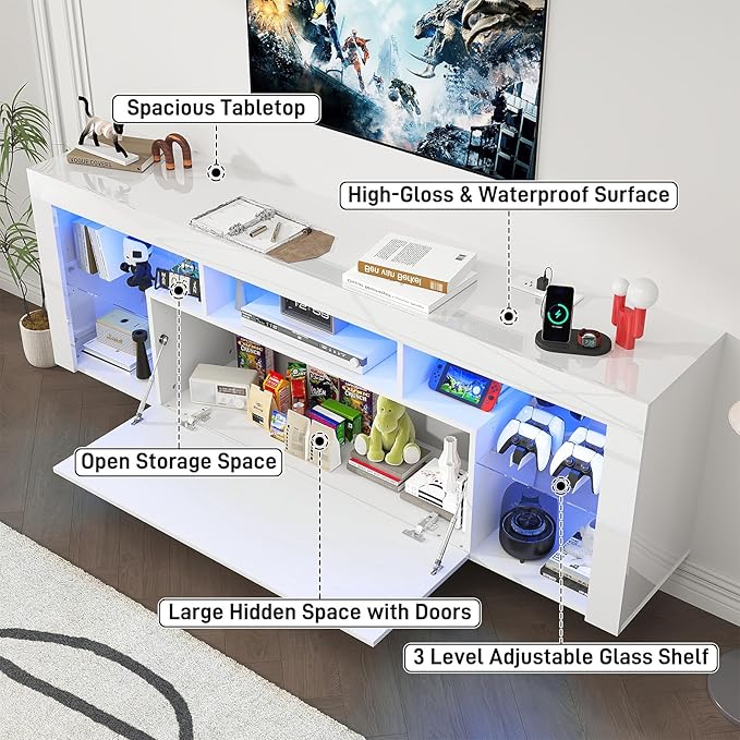 71" Floating High Gloss LED TV Stand for up to 85" TVs, Wall-Mounte...