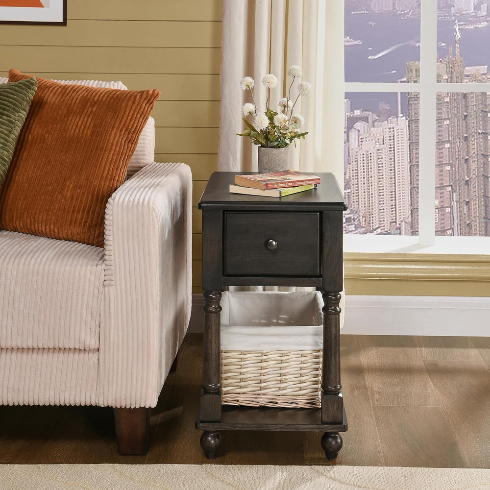 Narrow End Side Table with Drawer and Storage Shelf Set of 2, Solid Wood Sofa...