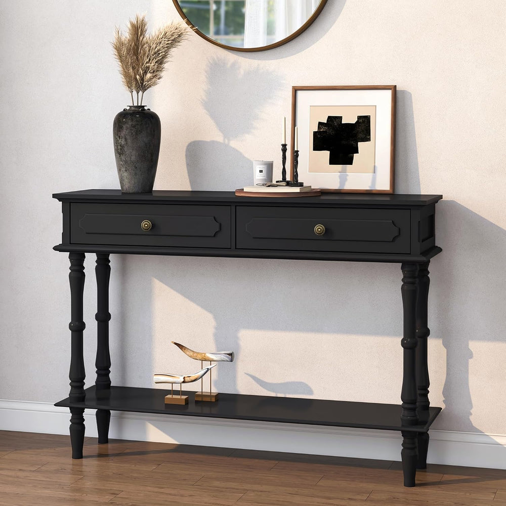 Console Table with 2 Drawers&Open Shelf, Black Retro Entryway Table | Dec...
