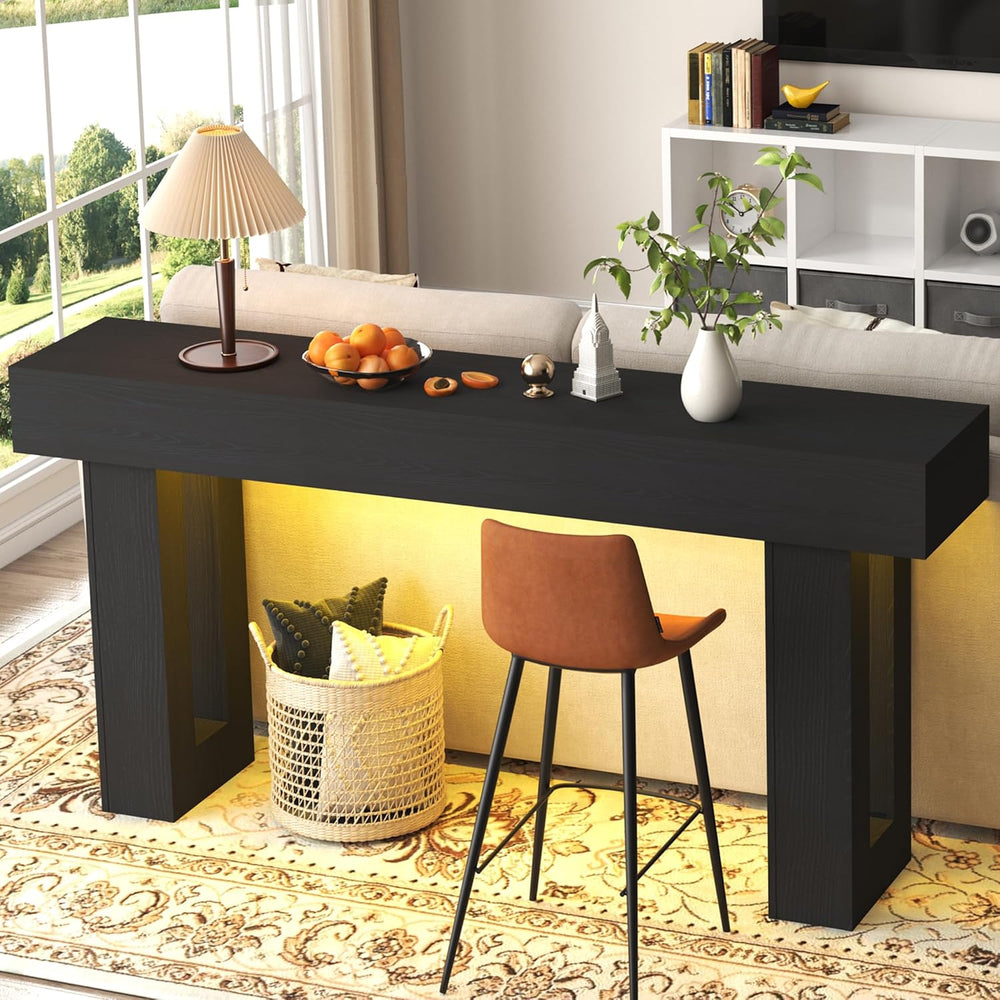 Depeht 63" Long Console Table with Power Outlet LED Lights, Wooden Farmh...