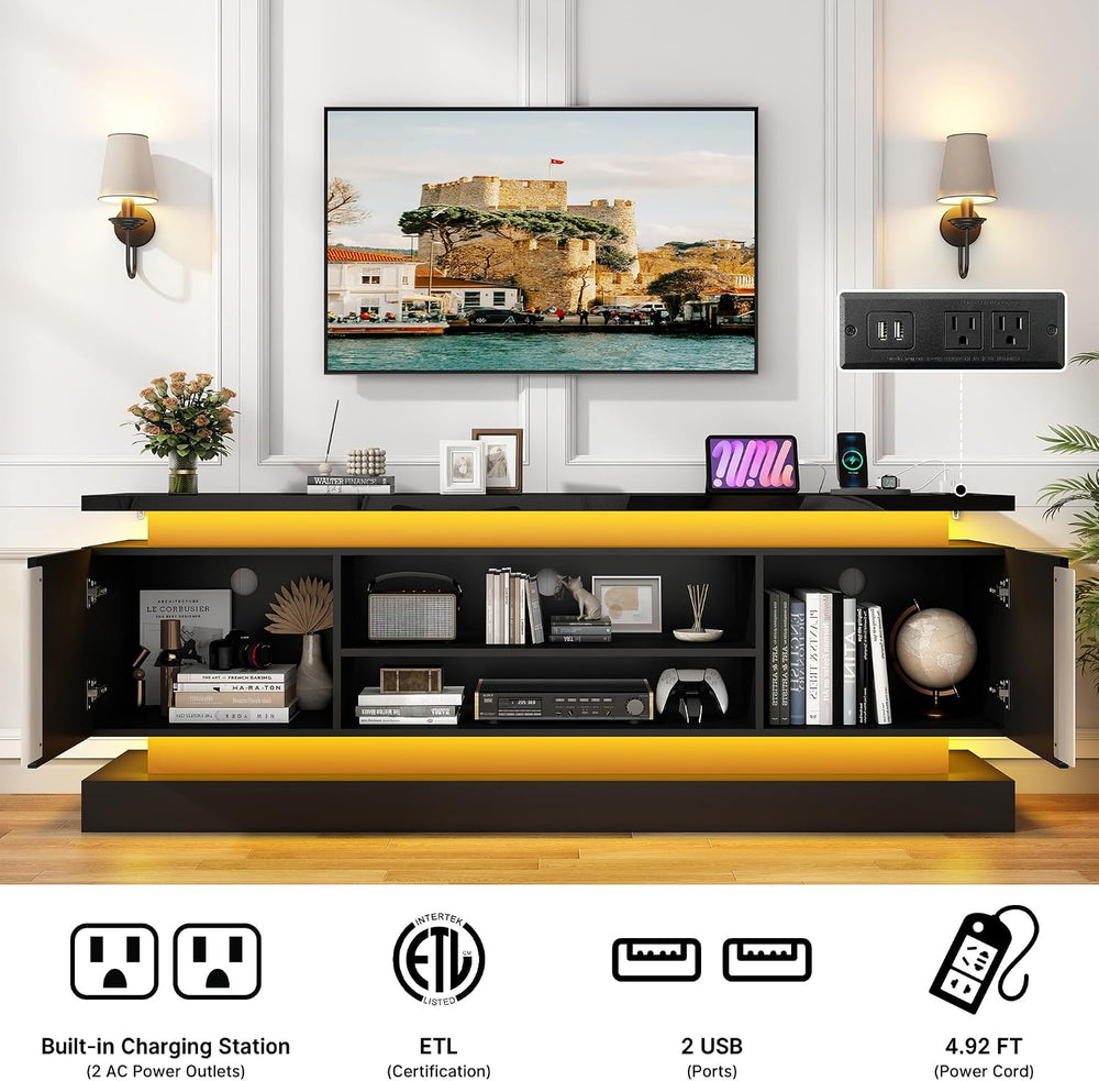 St.Mandyu 71" 2 LED TV Stand for TVs 85 inch,High Gloss Gaming Tall Ente...