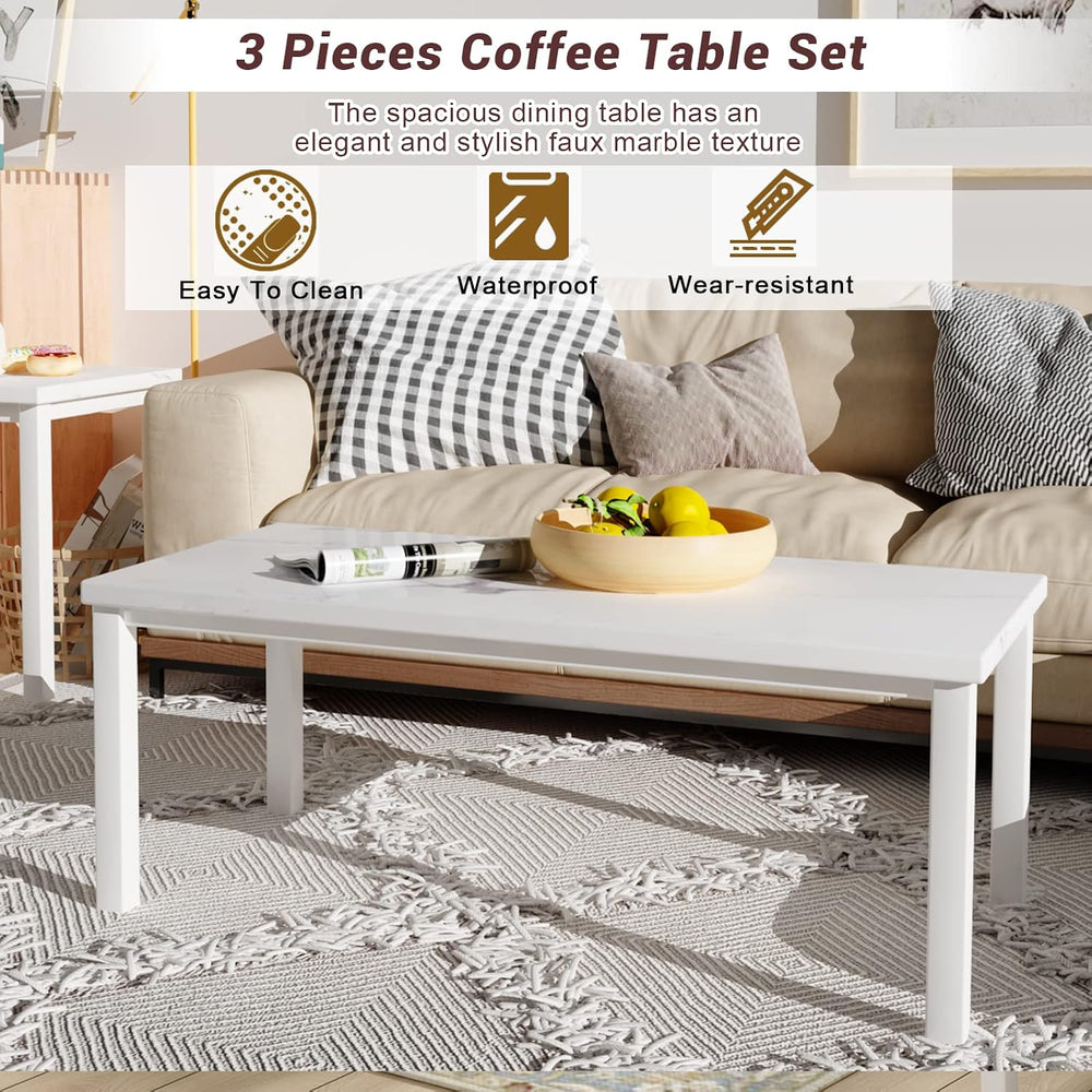Hooseng 3 Piece Coffee Table Set, Faux Marble Tabletop Style with Black Metal...