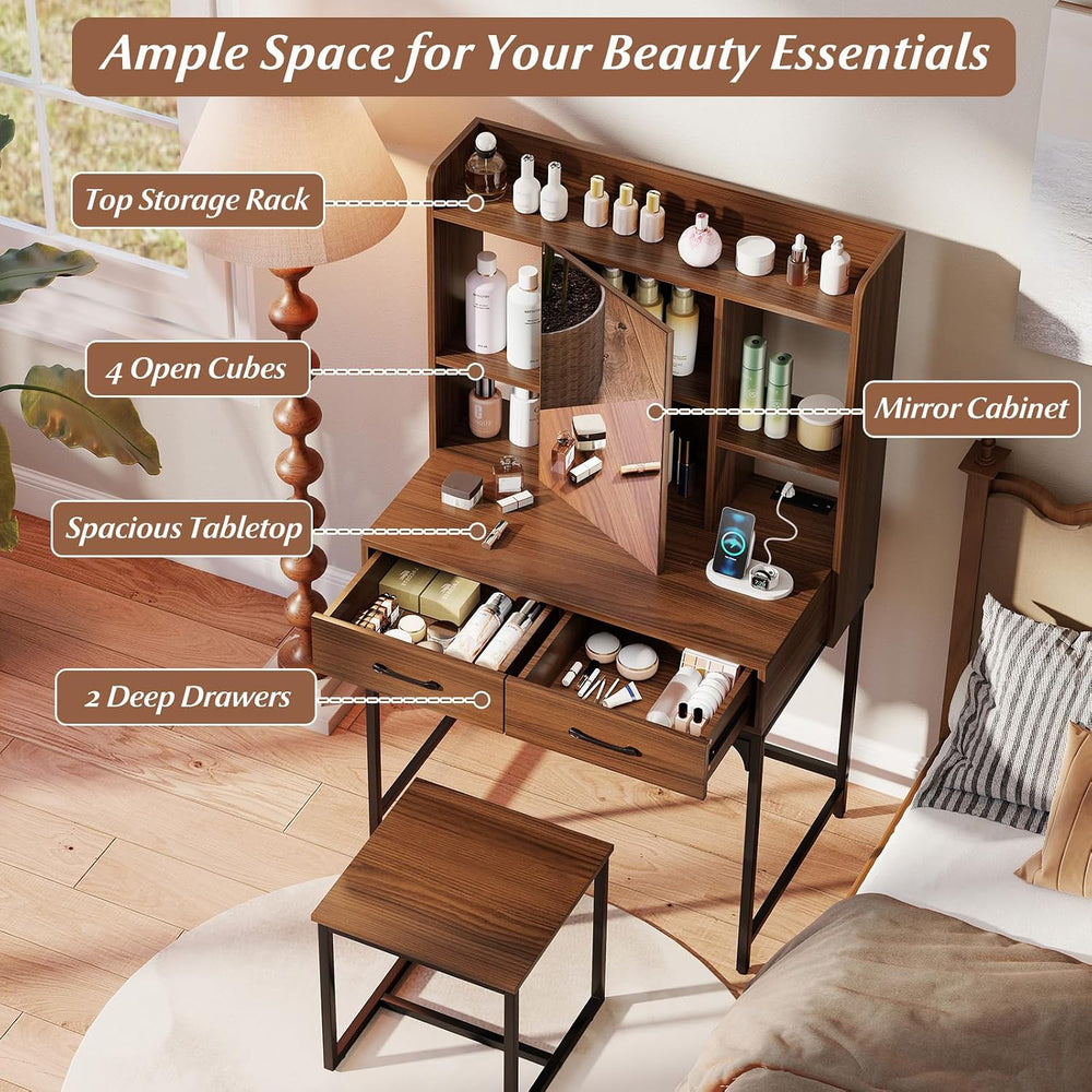 COSTWAY Vanity Desk with Mirror and Stool, Industrial Dressing Table with Pow...