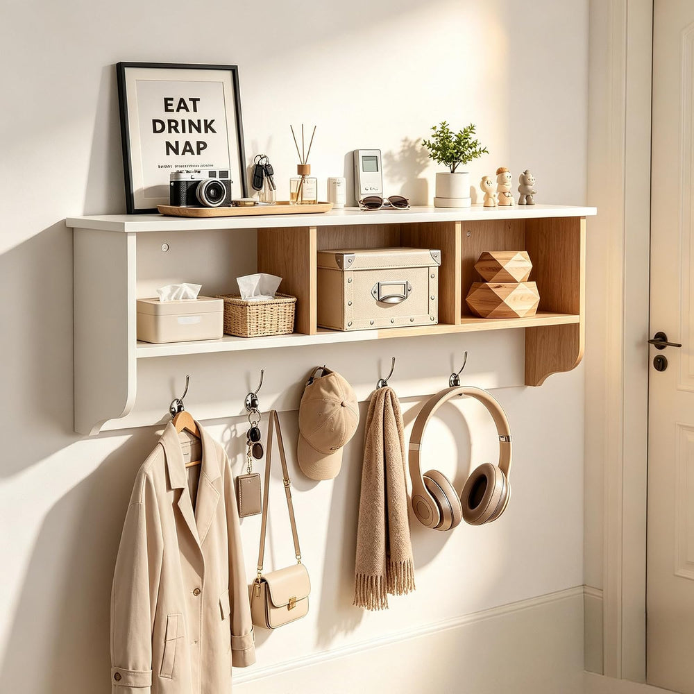 38.6inch Wall Mounted Entryway wooden Coat Rack with Storage Shelf 4 Dual Hoo...