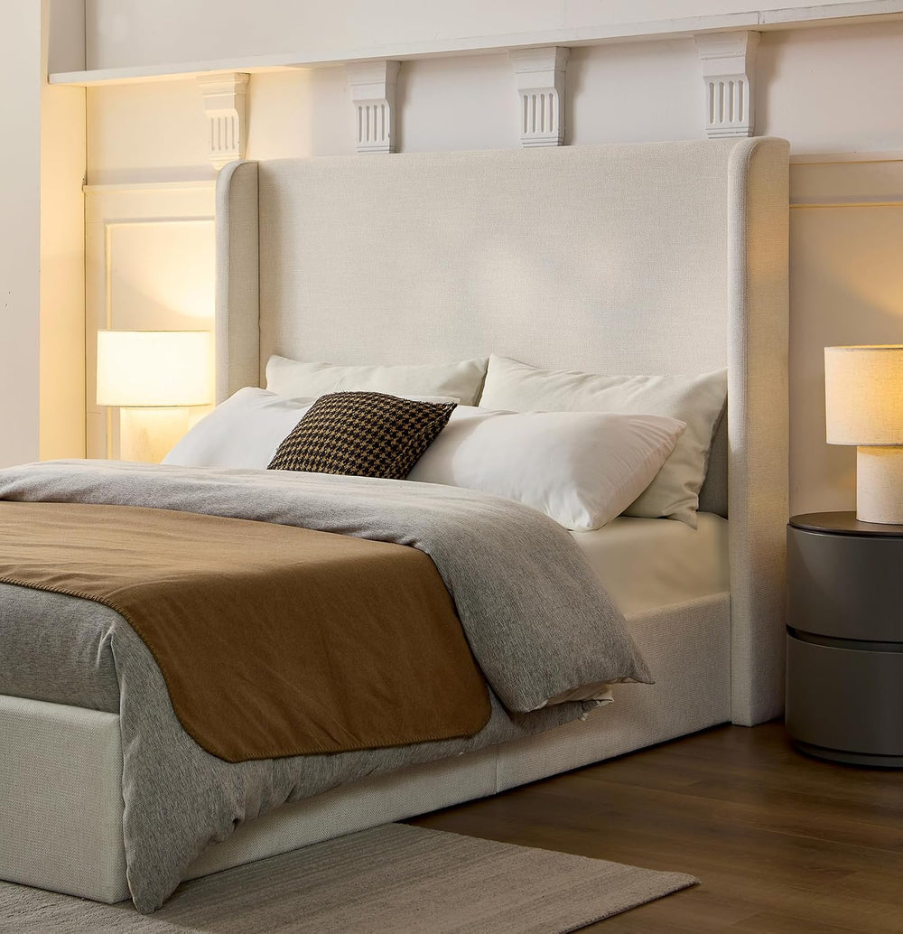 54" Majestic Extra-Tall Wingback Bed Frame Queen - Premium Textured Ivor...