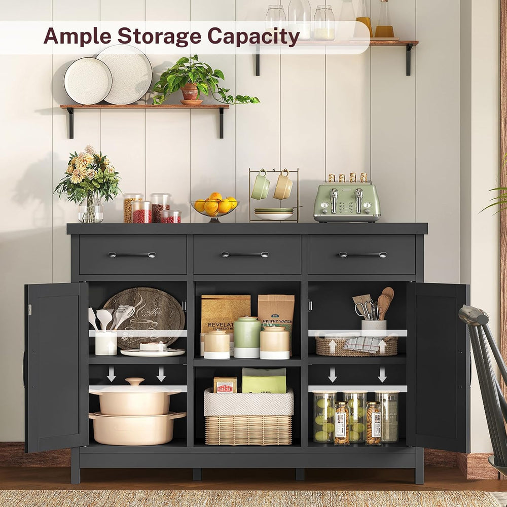 TEENFON Coffee Bar Cabinet with 3 Drawers, Farmhouse Buffet Cabinet