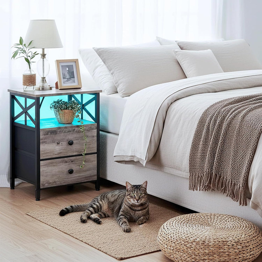 AMHANCIBLE Nightstands Set of 2 with Charging Station and LED Lights | Large ...